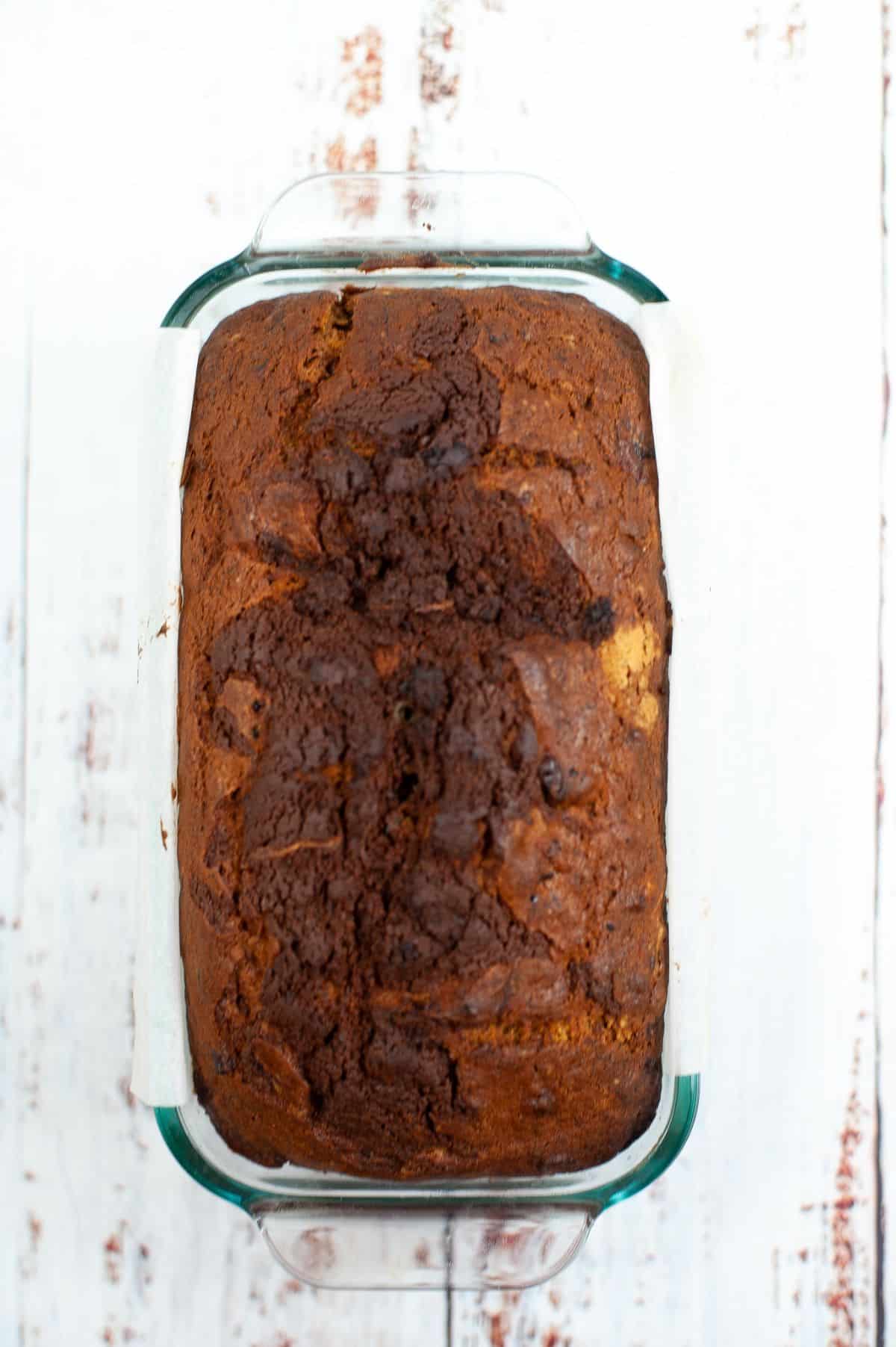 Nutella Banana Bread in a loaf pan.