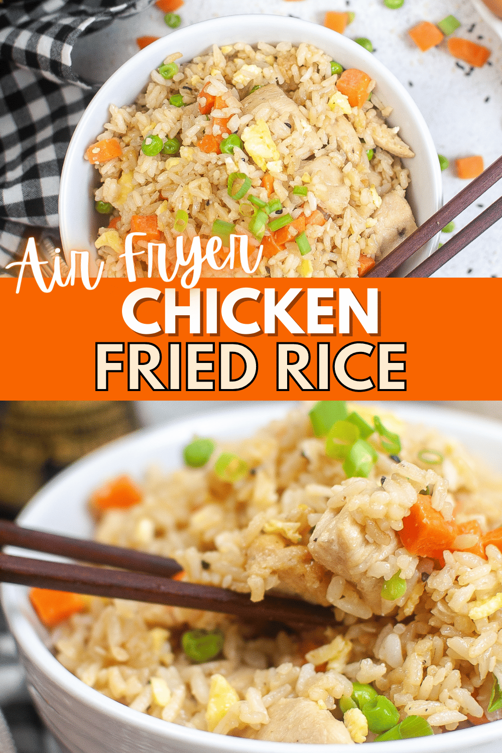 This Air Fryer Chicken Fried Rice is a flavorful take-out at home recipe, that is simple to make and faster than ordering delivery. #airfryer #chickenfriedrice #chicken #friedrice #takeoutathome via @wondermomwannab