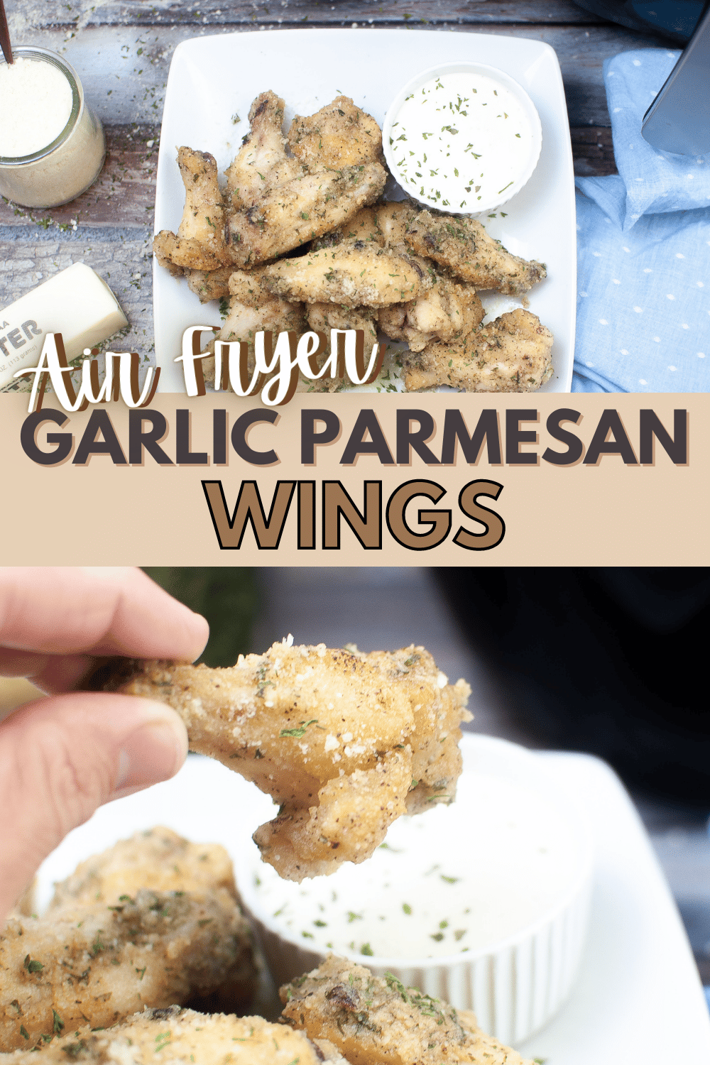 Air Fryer Garlic Parmesan Wings are a delicious and easy appetizer or main dish! Serve with your favorite dipping sauce for a tasty meal! #airfryer #garlicparmesanwings #chicken #appetizer via @wondermomwannab
