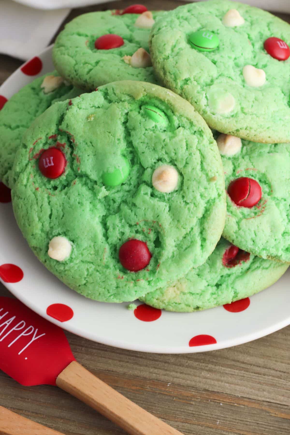 a closeup of Christmas Cake Mix Cookies on a serving plate.