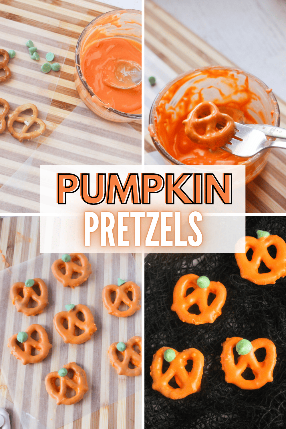 Pumpkin Pretzels are the perfect snack! They're crispy, and the candy coating gives a sweet crunch making this a delicious festive snack. #pumpkinpretzels #halloween #halloweensnack #festivesnack via @wondermomwannab