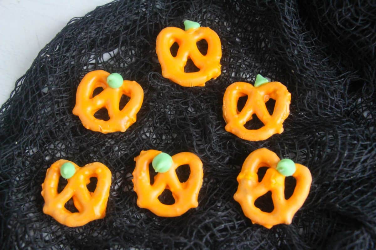 Pumpkin Pretzels on black netting