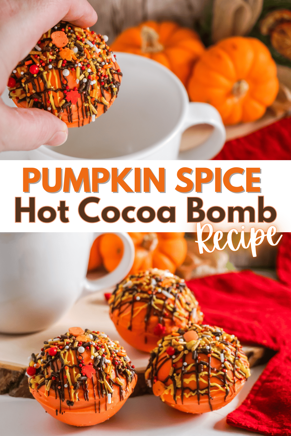 This Pumpkin Spice Hot Cocoa Bomb recipe is the perfect way to celebrate Fall! They make the perfect gift for friends and family. #hotcocoabomb #pumpkinspice #hotcocoa #fallrecipe via @wondermomwannab
