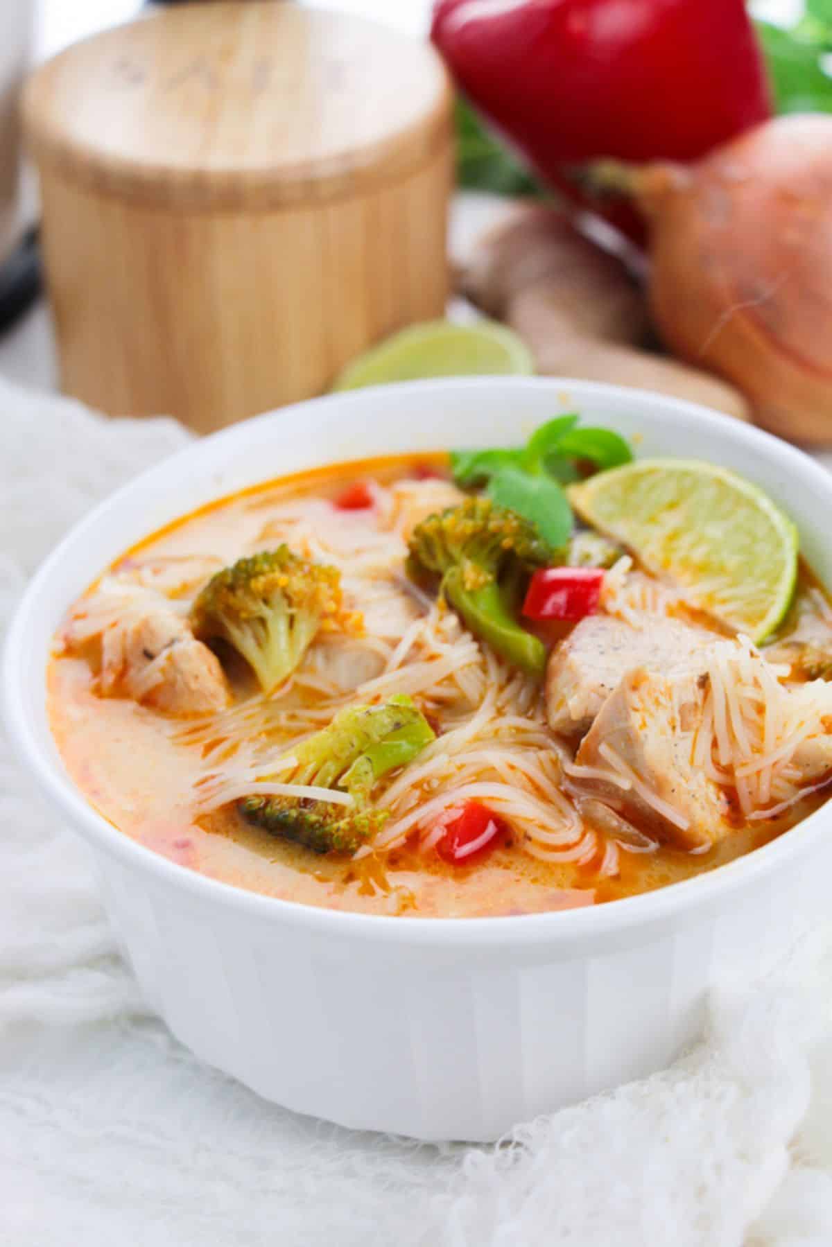Thai Red Curry Soup in a serving bowl.
