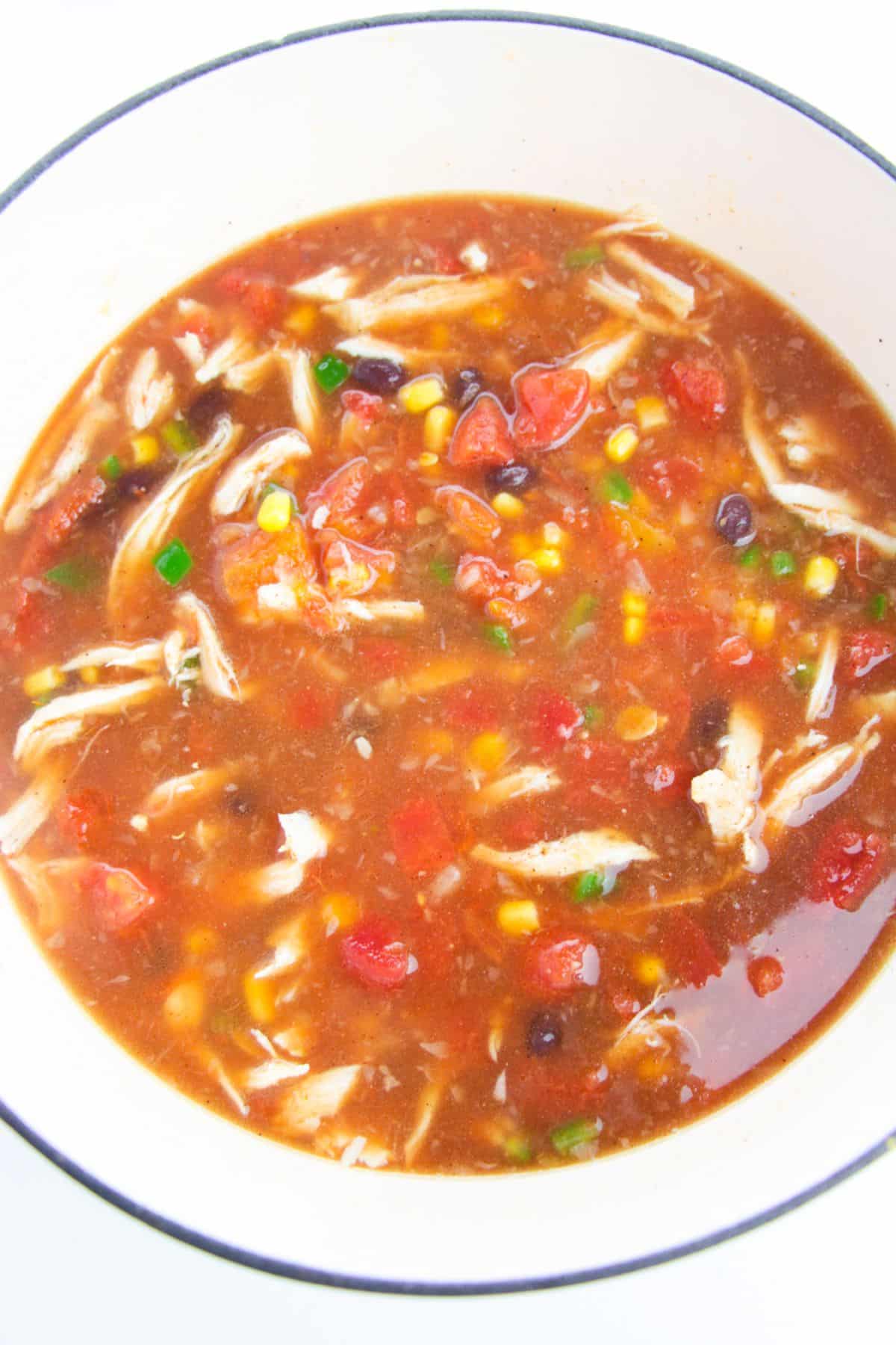 Chicken Tortilla Soup in a soup pot.