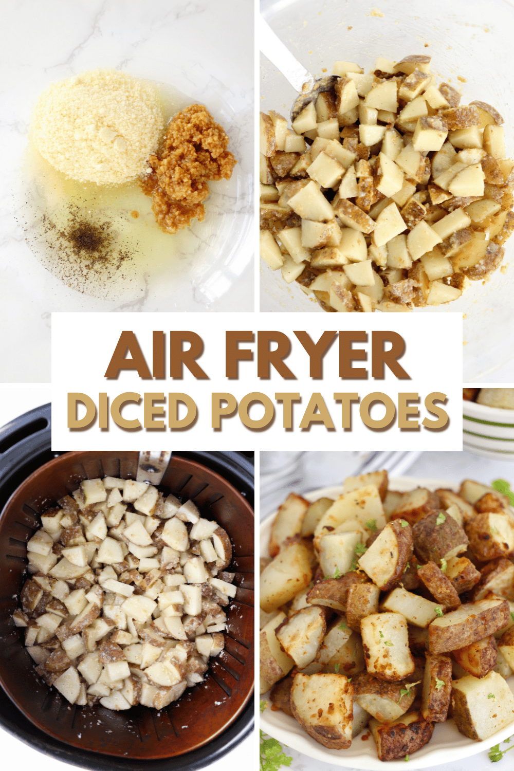 These Air Fryer Diced Potatoes are crispy, flavorful potatoes cooked to perfection in the air fryer. It's a family-friendly side dish recipe! #airfryerdicedpotatoes #airfryerpotatoes #airfryer #potatoes via @wondermomwannab