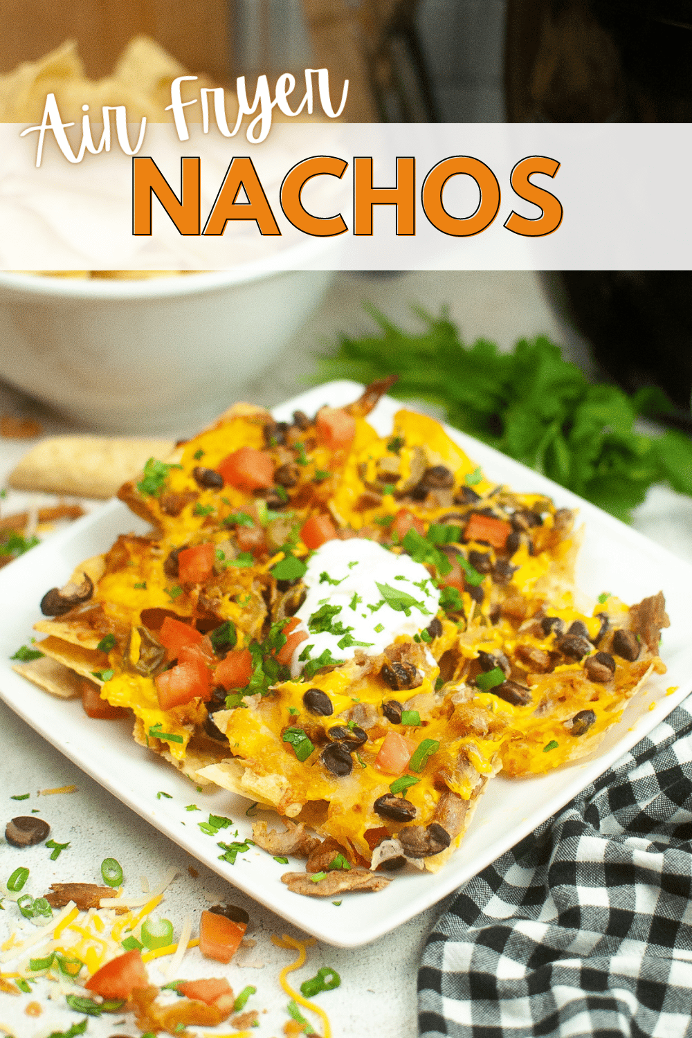These Air Fryer Nachos are crispy, crunchy, and full of flavor. They're so easy to make on busy weeknights and will satisfy your whole family! #airfryernachos #porknachos #airfryer #nachos via @wondermomwannab