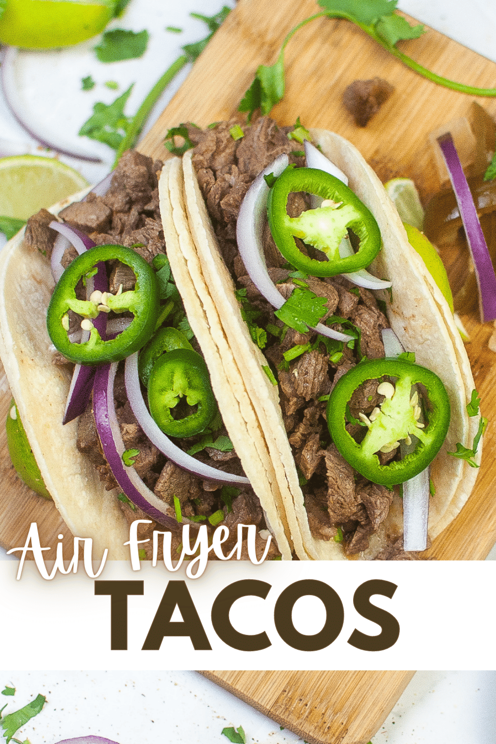 These Air Fryer Tacos are amazing. The beef is so juicy and flavorful, and the shells get nice and soft. This is a must-try recipe! #airfryertacos #steakstreettacos #tacosinairfryer #streetsteaktacos via @wondermomwannab