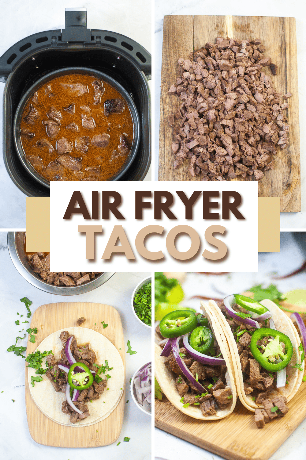 These Air Fryer Tacos are amazing. The beef is so juicy and flavorful, and the shells get nice and soft. This is a must-try recipe! #airfryertacos #steakstreettacos #tacosinairfryer #streetsteaktacos via @wondermomwannab