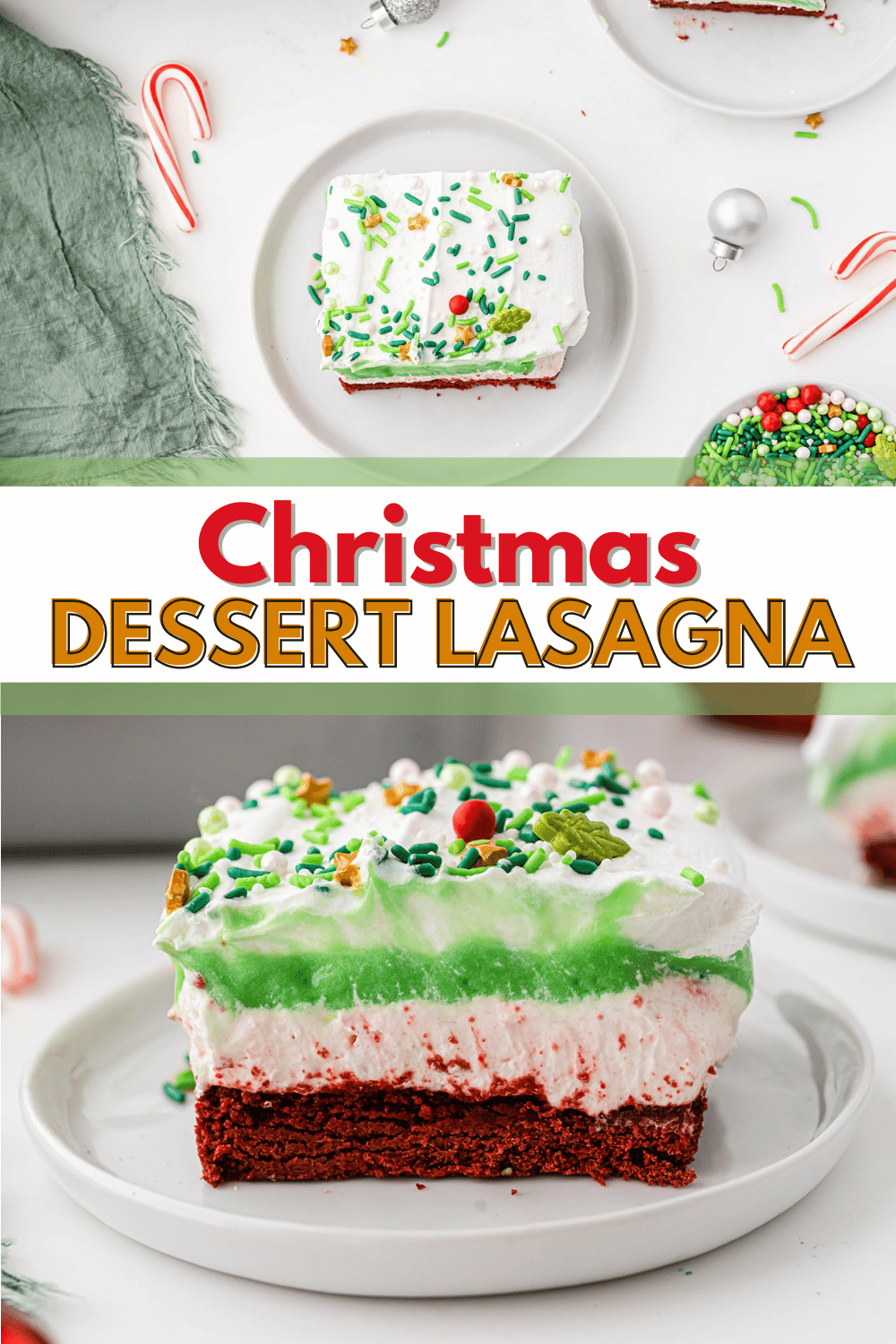 This Christmas Dessert Lasagna is made with delicious layers of red velvet brownies, and vanilla pudding, and topped with tangy peppermint. #christmasdessertlasagna #christmasdessert #dessertlasagna via @wondermomwannab
