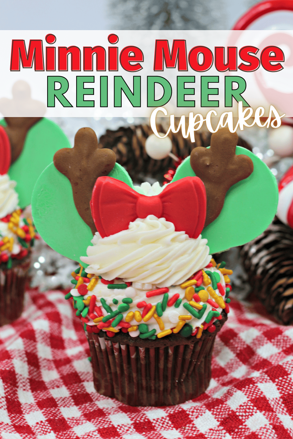 These Minnie Mouse Reindeer Cupcakes are the perfect festive treat for the holidays. The cupcakes are moist, tender, and irresistible. #minniemousecupcakes #reindeercupcakes #minniemousereindeercupcakes #christmascupcakes via @wondermomwannab
