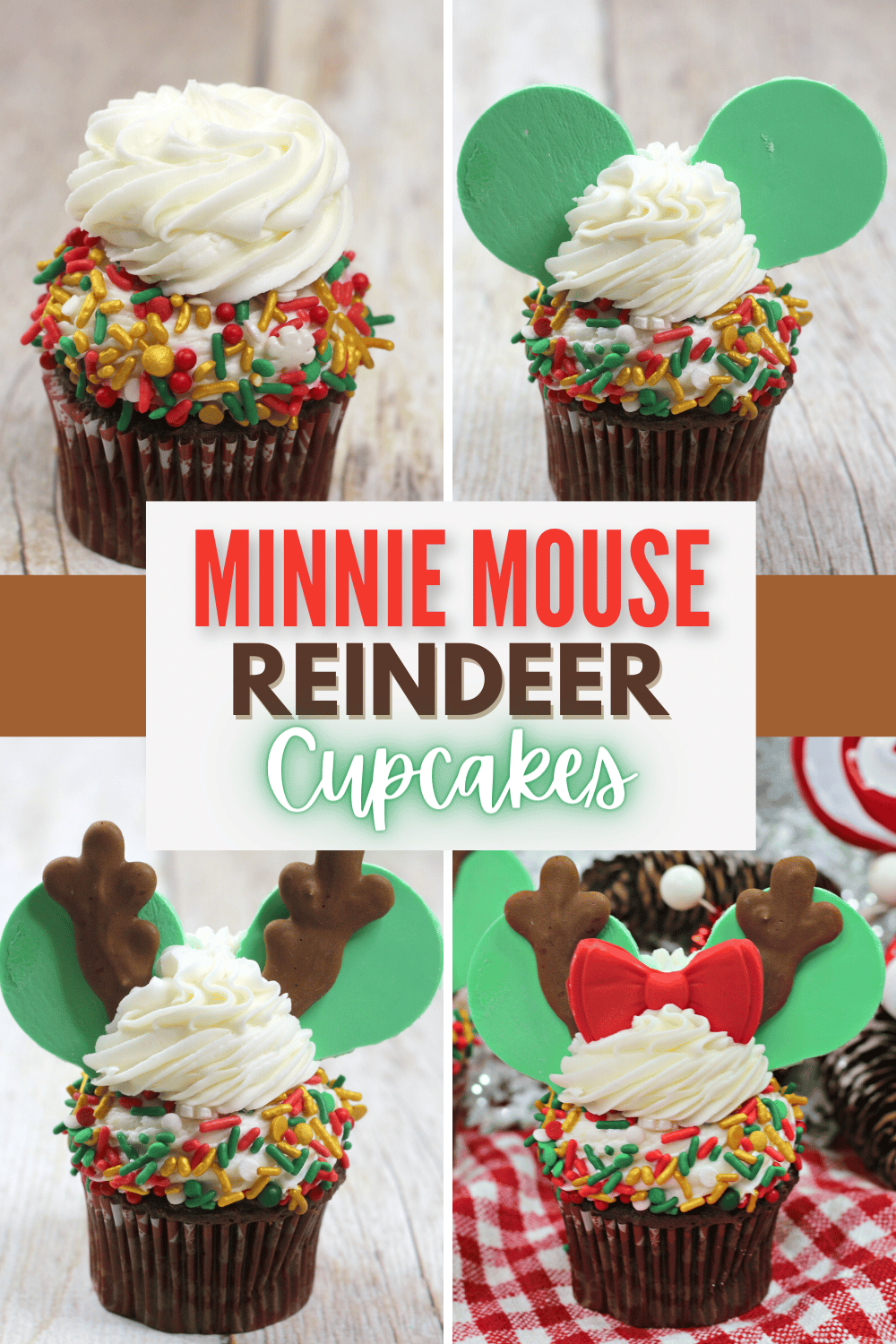 These Minnie Mouse Reindeer Cupcakes are the perfect festive treat for the holidays. The cupcakes are moist, tender, and irresistible. #minniemousecupcakes #reindeercupcakes #minniemousereindeercupcakes #christmascupcakes via @wondermomwannab