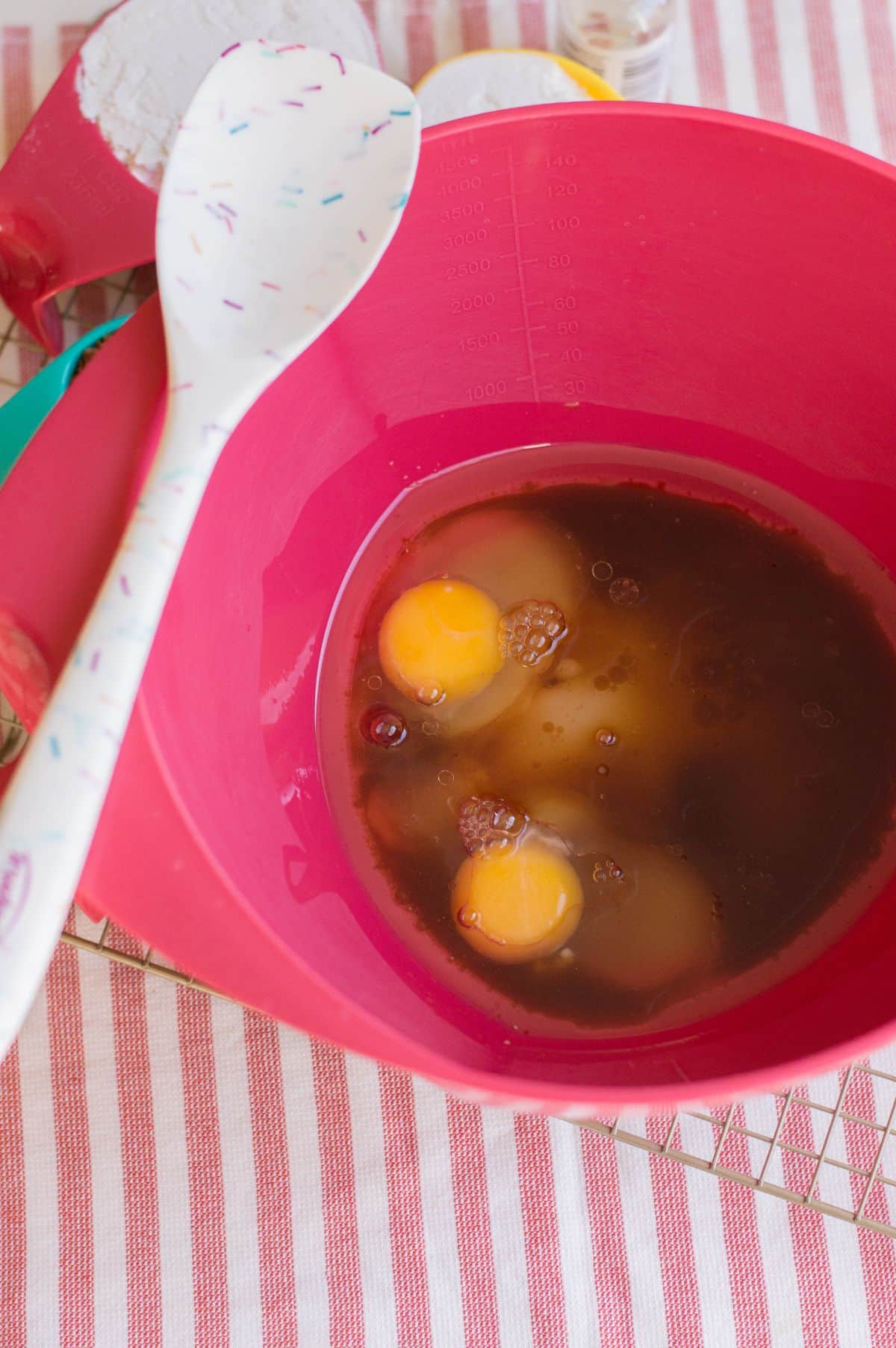 sugar, coffee, oil, eggs, and apple cider vinegar in a large bowl.