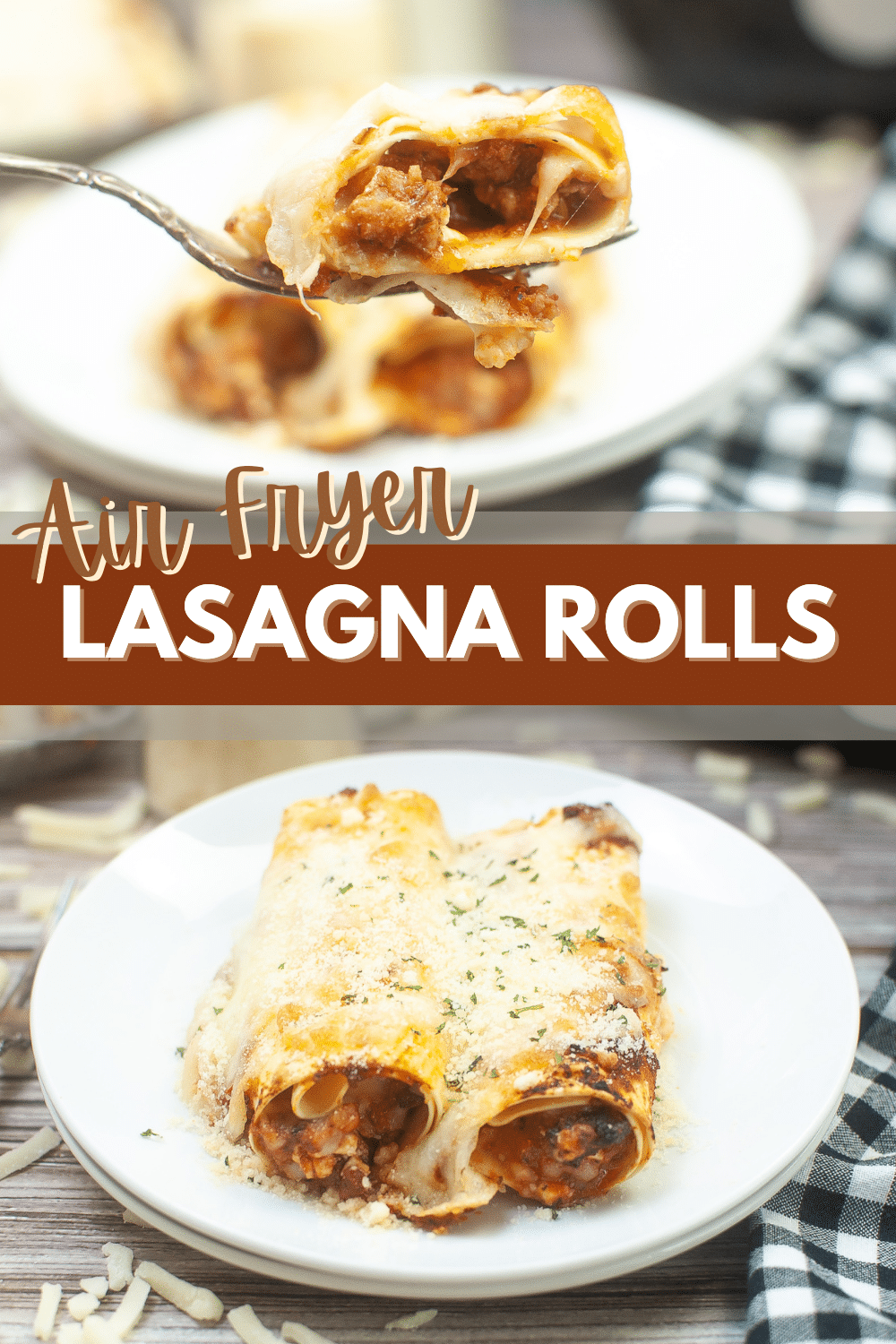 A plate of Air Fryer Lasagna Rolls with a fork in it.
