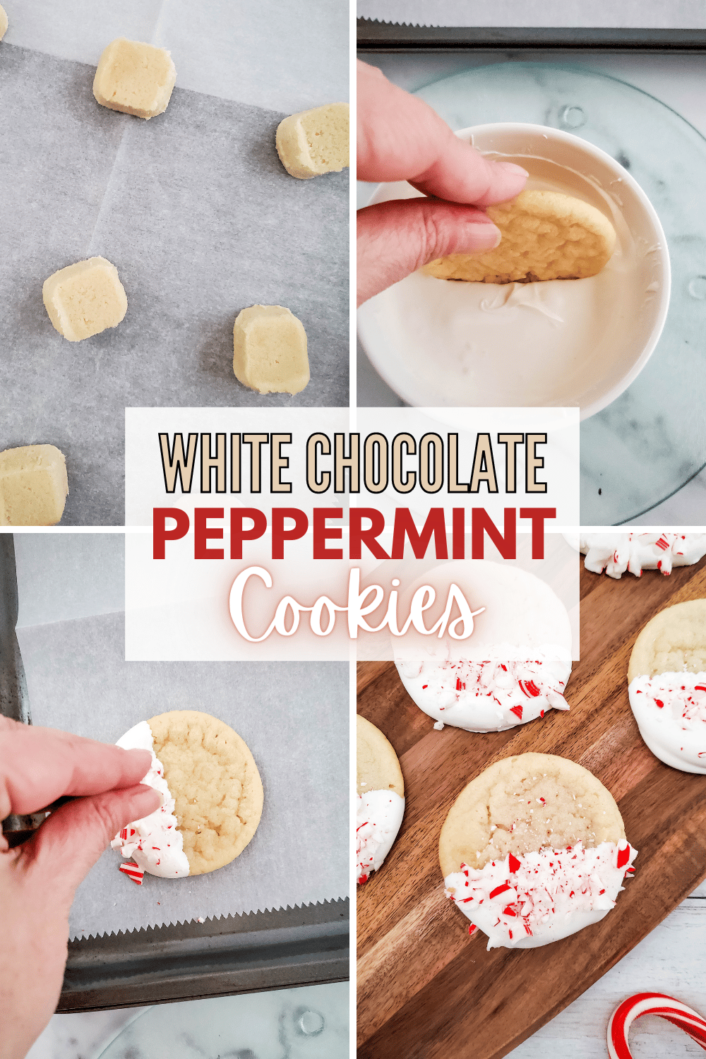 These White Chocolate Peppermint Cookies are perfect for the holidays! They're dipped in white chocolate and coated in crushed peppermints. #whitechocolatepeppermintcookies #christmascookies #peppermintcookies #whitechocolatecookies via @wondermomwannab