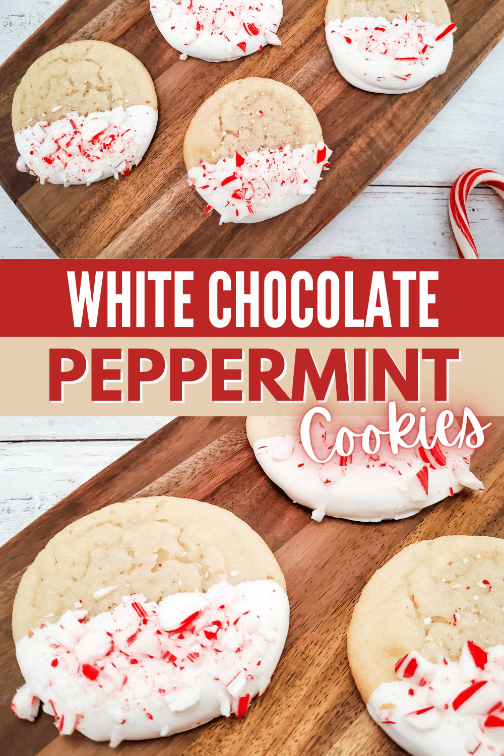 These White Chocolate Peppermint Cookies are perfect for the holidays! They're dipped in white chocolate and coated in crushed peppermints. #whitechocolatepeppermintcookies #christmascookies #peppermintcookies #whitechocolatecookies via @wondermomwannab