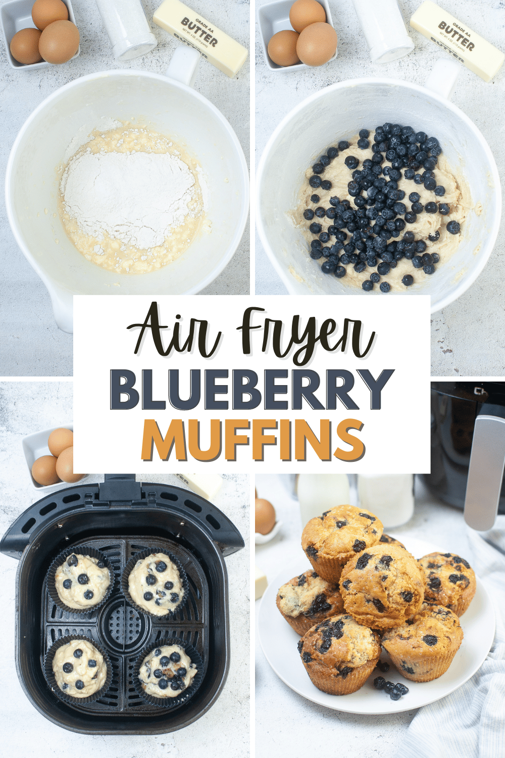 These Air Fryer Blueberry Muffins are tender muffins, filled to the brim with sweet blueberry flavor. There is no better way to start your day! #airfryerblueberrymuffins #airfryer #blueberrymuffins #muffins #breakfast via @wondermomwannab