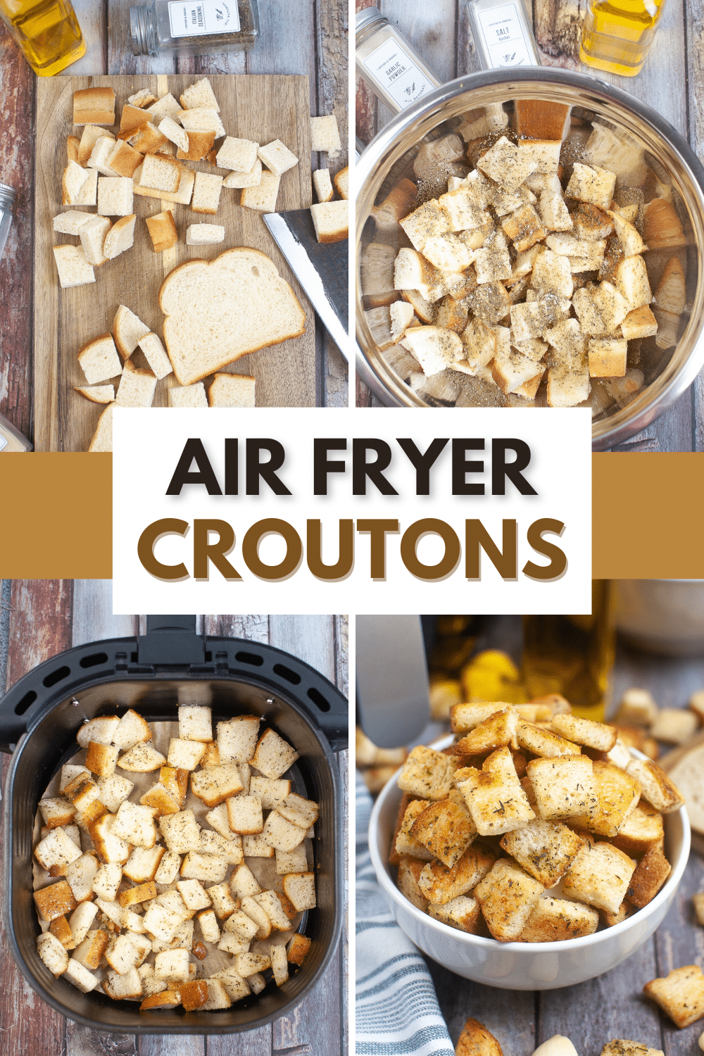 These Air Fryer Croutons are the perfect way to add crunch and flavor to salads, soups and casseroles. They're healthier than fried versions. #airfryercroutons #airfryer #croutons via @wondermomwannab