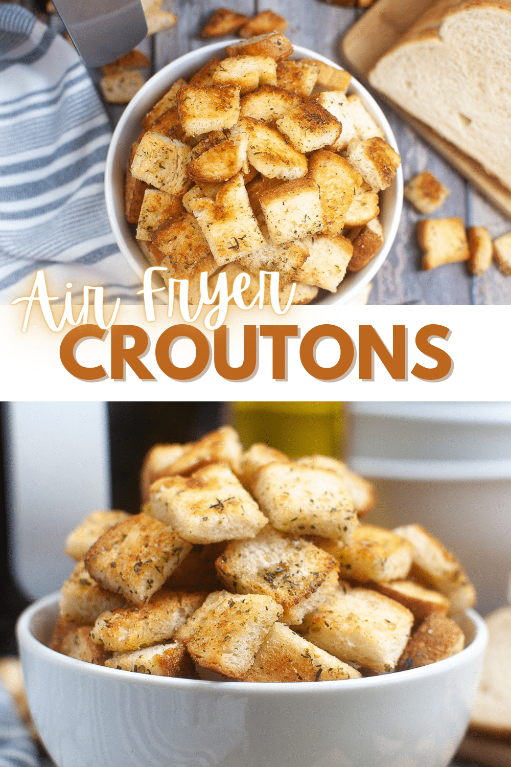 These Air Fryer Croutons are the perfect way to add crunch and flavor to salads, soups and casseroles. They're healthier than fried versions. #airfryercroutons #airfryer #croutons via @wondermomwannab