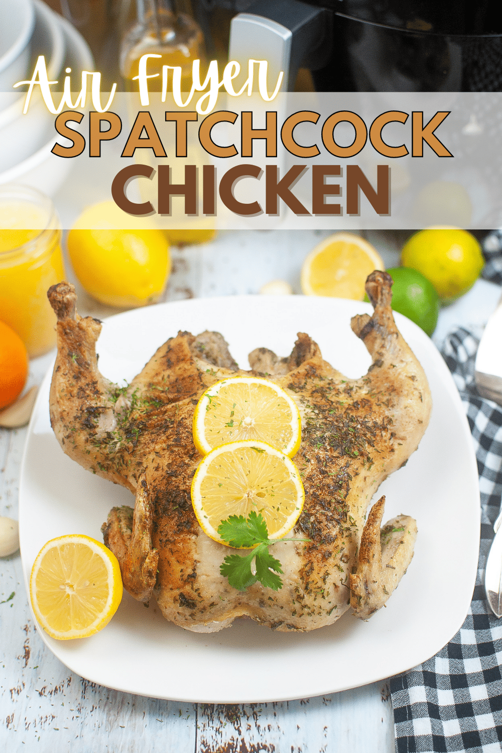 This Air Fryer Spatchcock Chicken is a great way to cook a whole chicken in under an hour. It's crispy on the outside and juicy on the inside. #airfryer #spatchcockchicken #wholechicken #chicken #spatchcock via @wondermomwannab