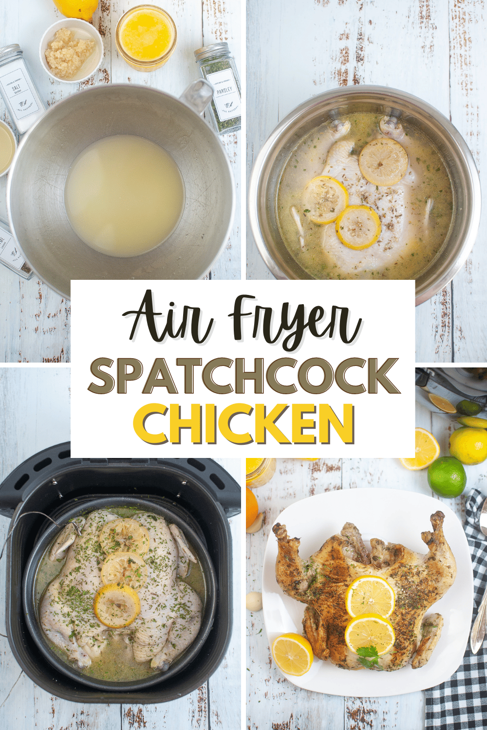 This Air Fryer Spatchcock Chicken is a great way to cook a whole chicken in under an hour. It's crispy on the outside and juicy on the inside. #airfryer #spatchcockchicken #wholechicken #chicken #spatchcock via @wondermomwannab