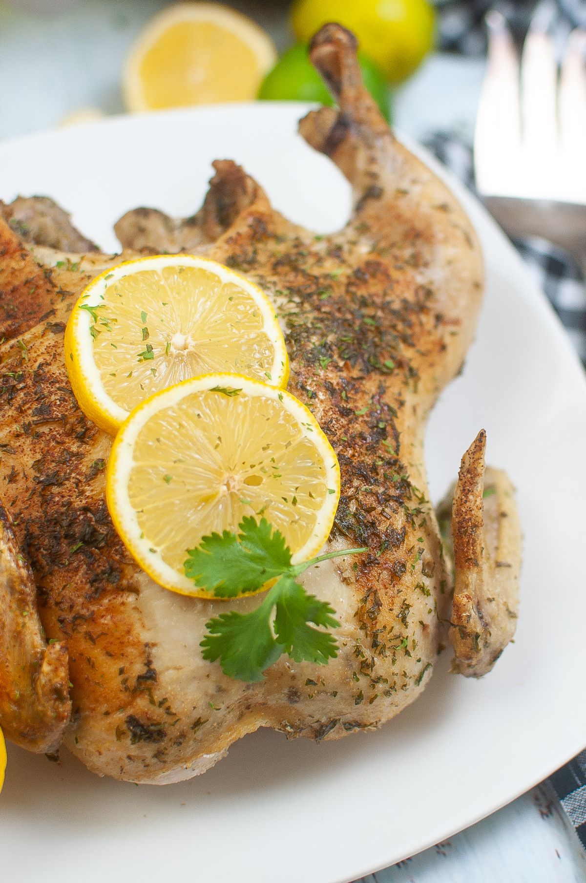 closeup of Air Fryer Spatchcock Chicken on a serving plate, garnished with parsley and lemon.
