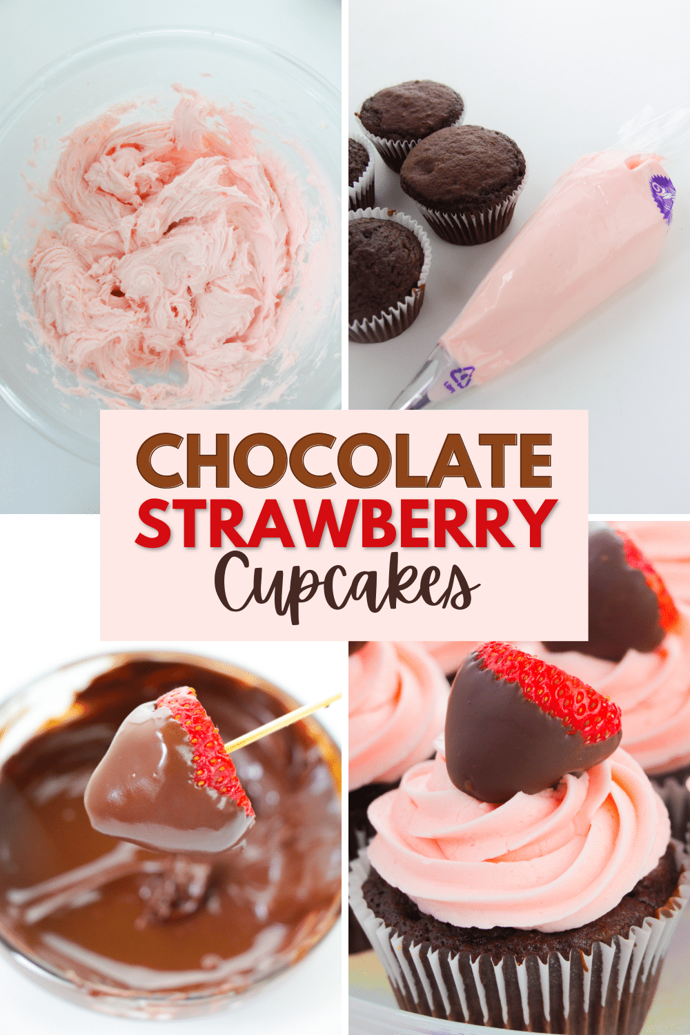 These Chocolate Strawberry Cupcakes are delicious treats topped with strawberry buttercream frosting and a chocolate covered strawberry. #chocolatestrawberrycupcakes #chocolatecoveredstrawberry #strawberrybuttercreamfrosting #chocolatecupcakes #valentinesday via @wondermomwannab