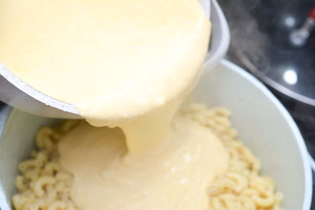 The cheese sauce is poured over the cooked pasta.