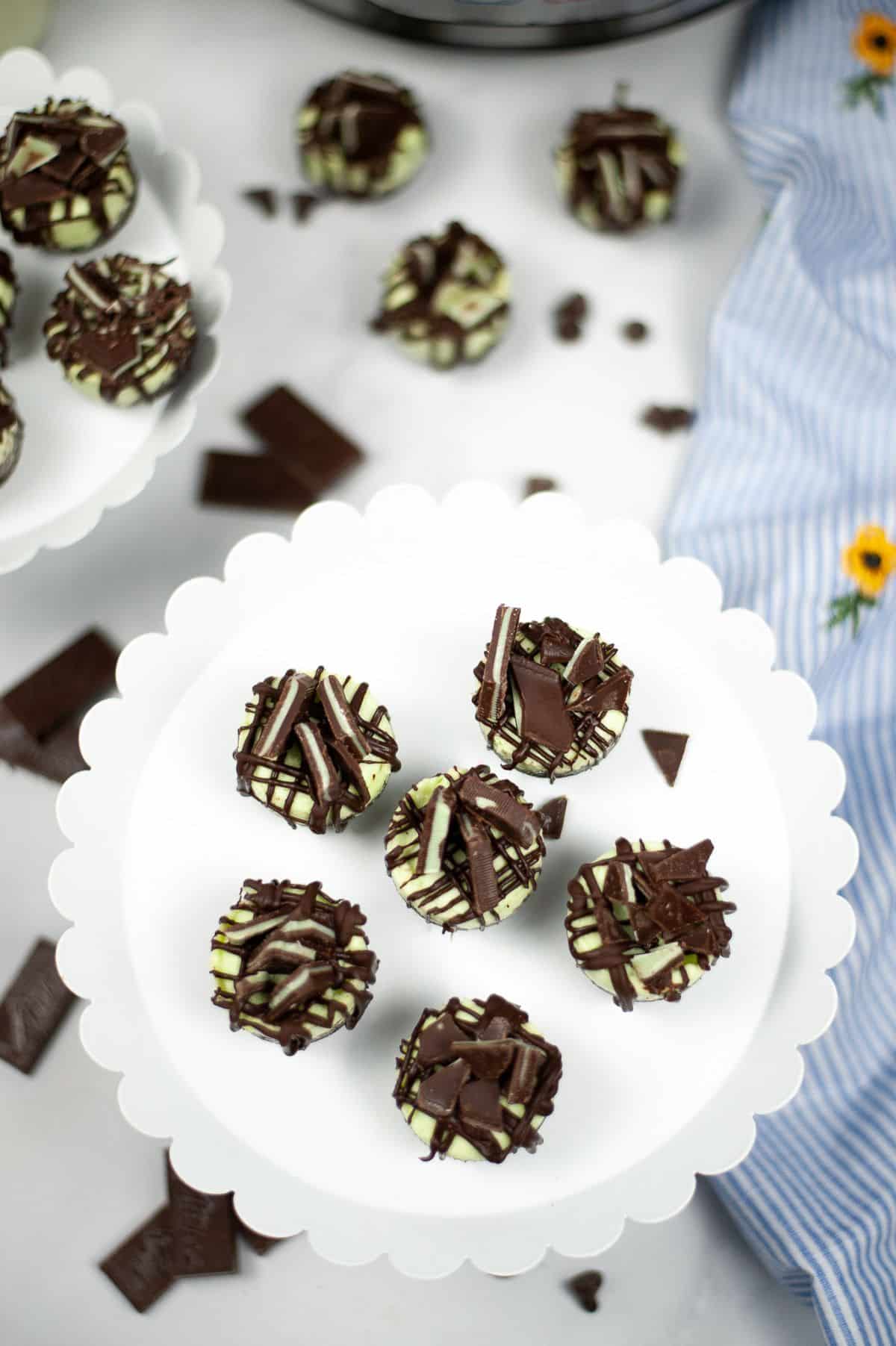 Instant Pot Andes Mint Cheesecake Bites on a serving plate.