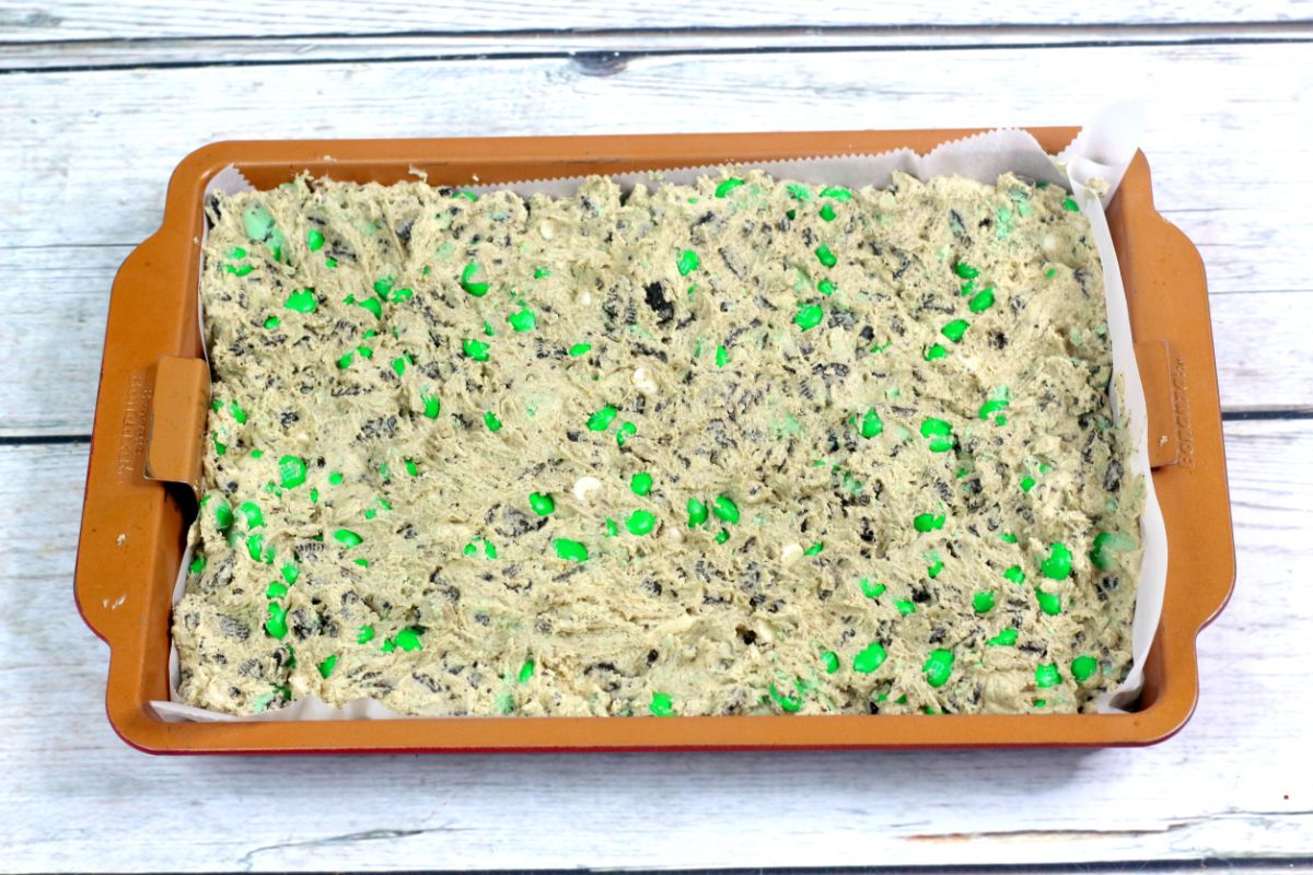 cookie dough in a baking pan.