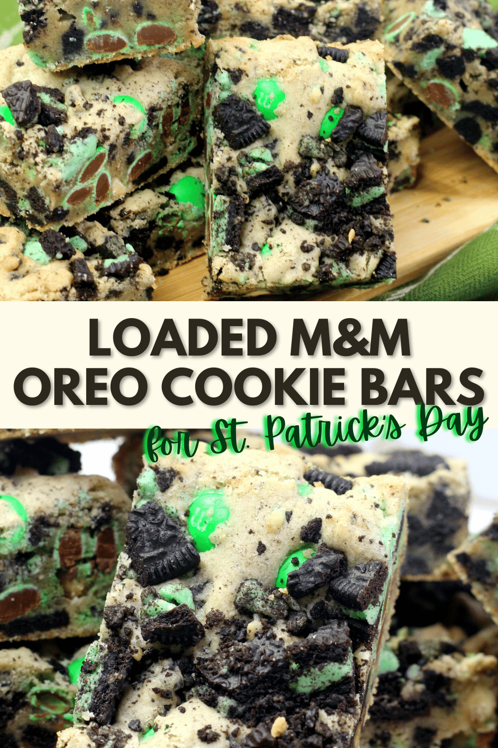 These Loaded M&M Oreo Cookie Bars for St. Patrick’s Day are soft, chewy and packed with sweet flavors. A perfect treat for the holiday! #loadedm&moreocookiebars #oreocookiebars #cookiebars #stpatricksday #holidaytreat via @wondermomwannab