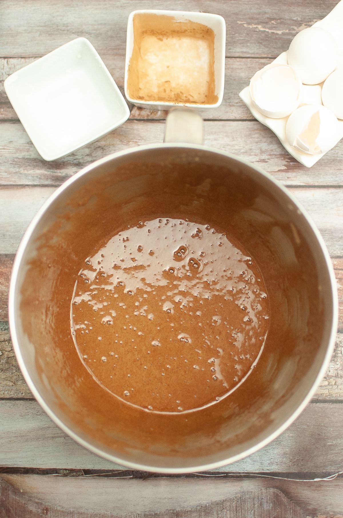 Batter mixture in a mixing bowl.