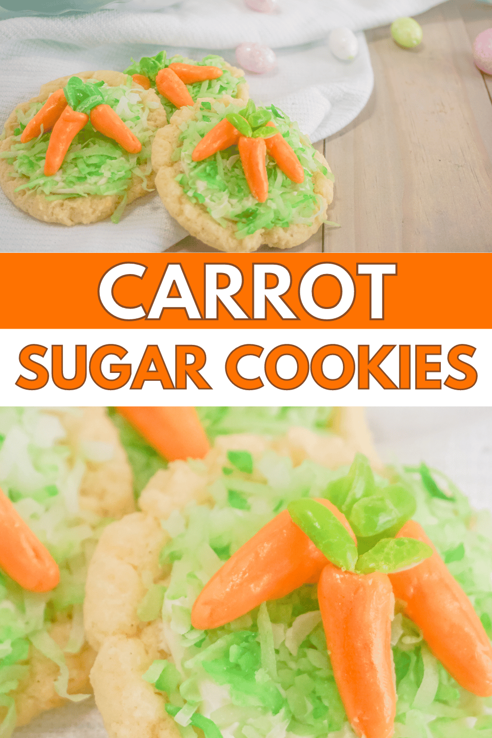 These Carrot Sugar Cookies are soft, chewy, and beautifully decorated. They are a festive, yet easy Easter dessert. #carrotsugarcookies #eastercookies #sugarcookies #easterdessert #cookierecipe via @wondermomwannab