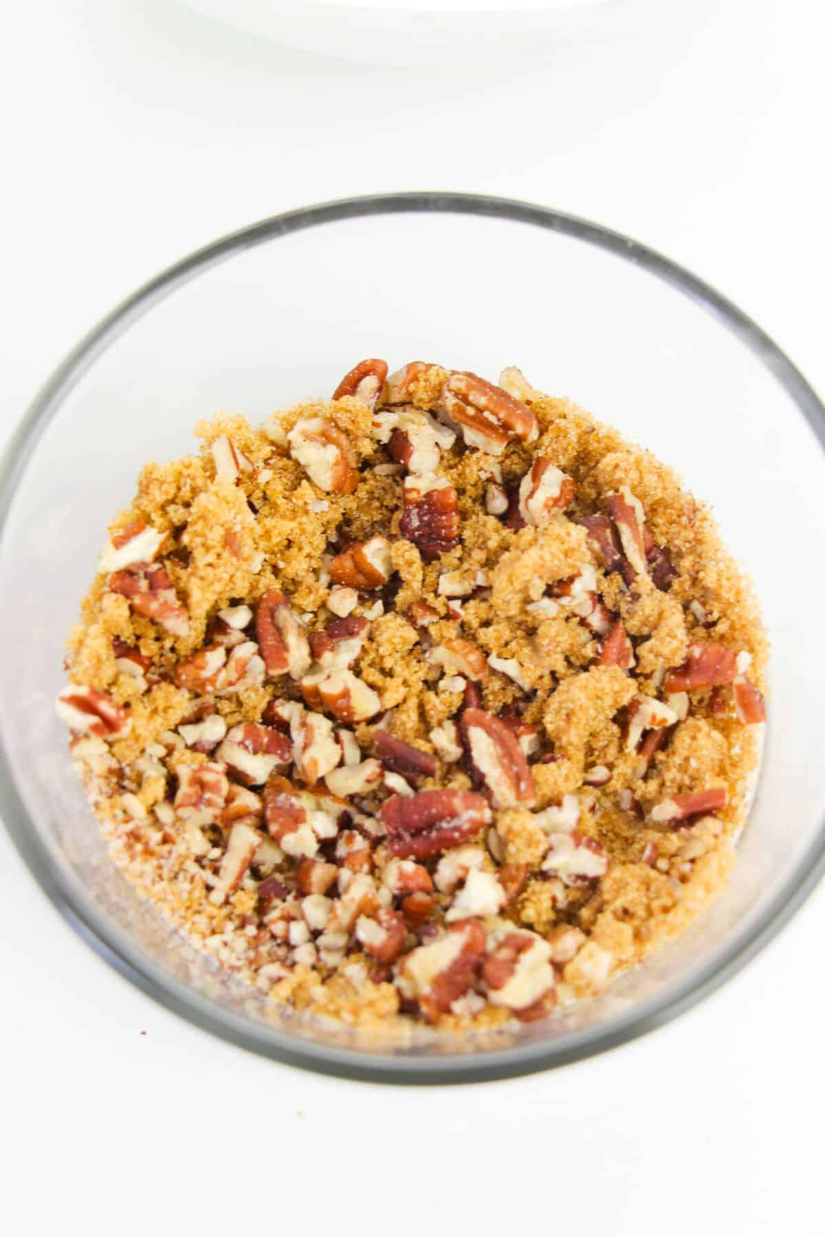 brown sugar and chopped pecans in a mixing bowl.