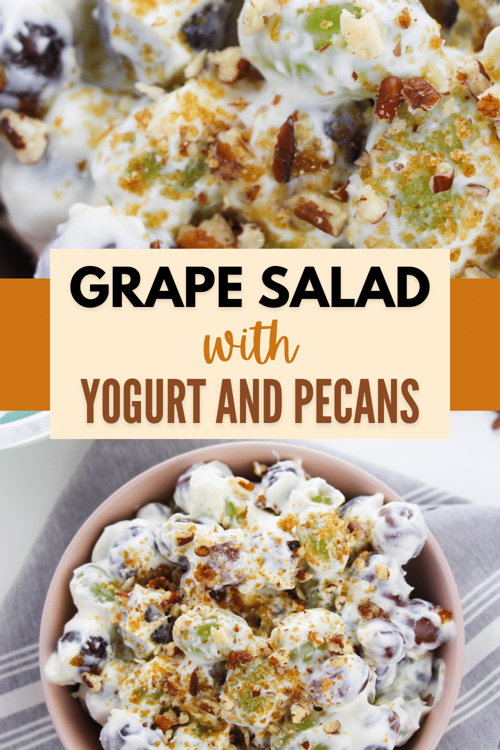 This Grape Salad with Yogurt and Pecans is a delicious, light and healthy dish that is perfect for a summer day, or any day of the year. #grapesaladwithyogurt #grapesaladrecipe #creamygrapesalad #easygrapesaladrecipe #grapesalad via @wondermomwannab