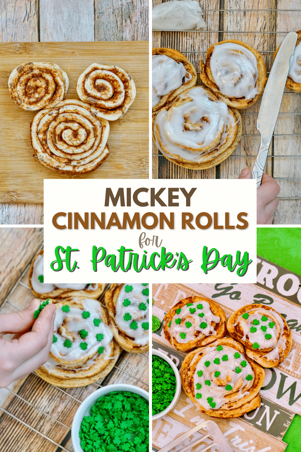 These Mickey Cinnamon Rolls for St. Patrick’s Day are the perfect way to celebrate the holiday. They are a quick yet festive breakfast. #mickeycinnamonrolls #stpatricksday #cinnamonrolls #mickeymouse #breakfast via @wondermomwannab