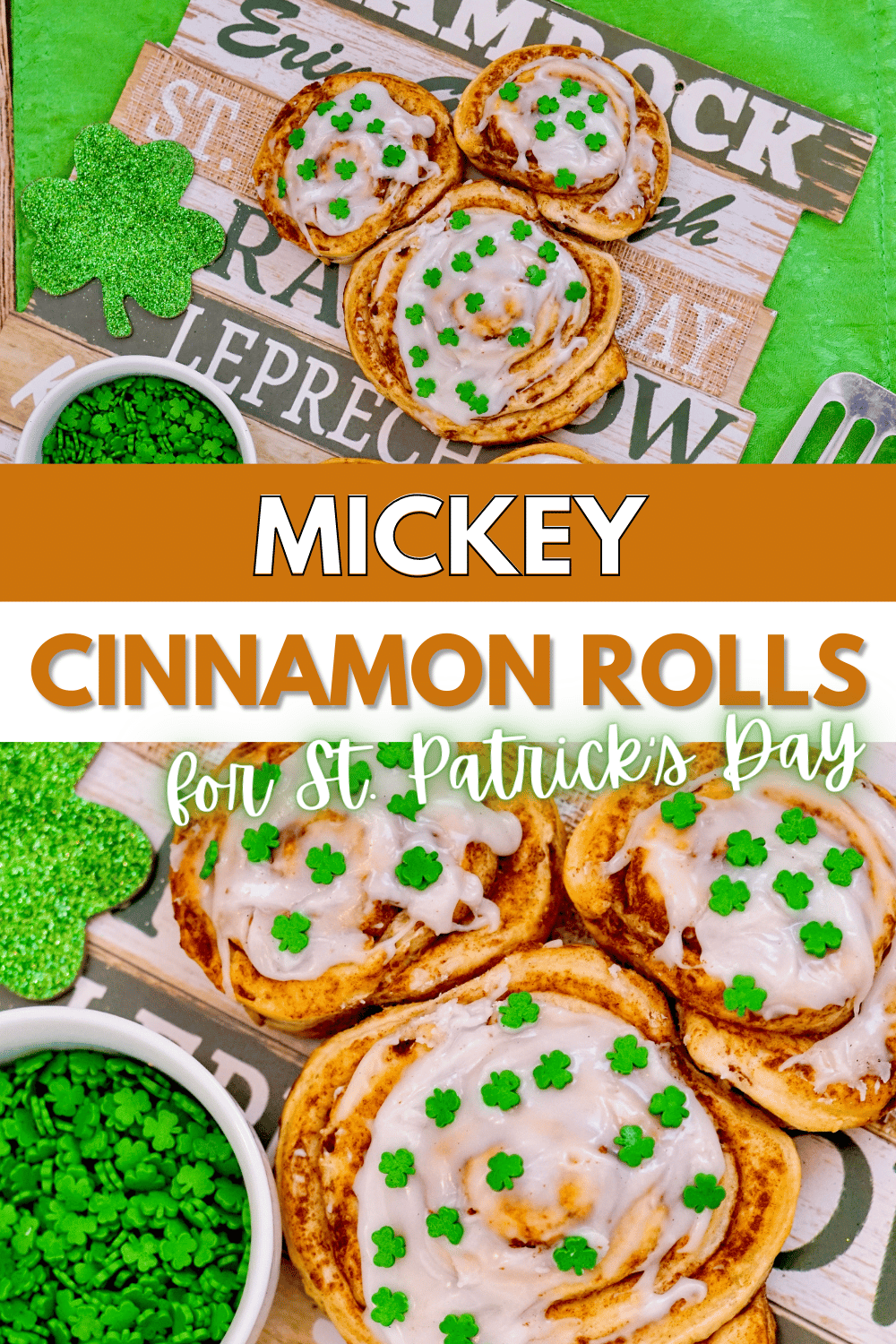 These Mickey Cinnamon Rolls for St. Patrick’s Day are the perfect way to celebrate the holiday. They are a quick yet festive breakfast. #mickeycinnamonrolls #stpatricksday #cinnamonrolls #mickeymouse #breakfast via @wondermomwannab