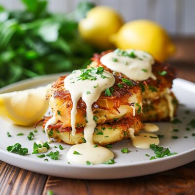 A plate with savory crab cakes and tangy lemons, accompanied by the best sauces for the ultimate crab cakes recipes.