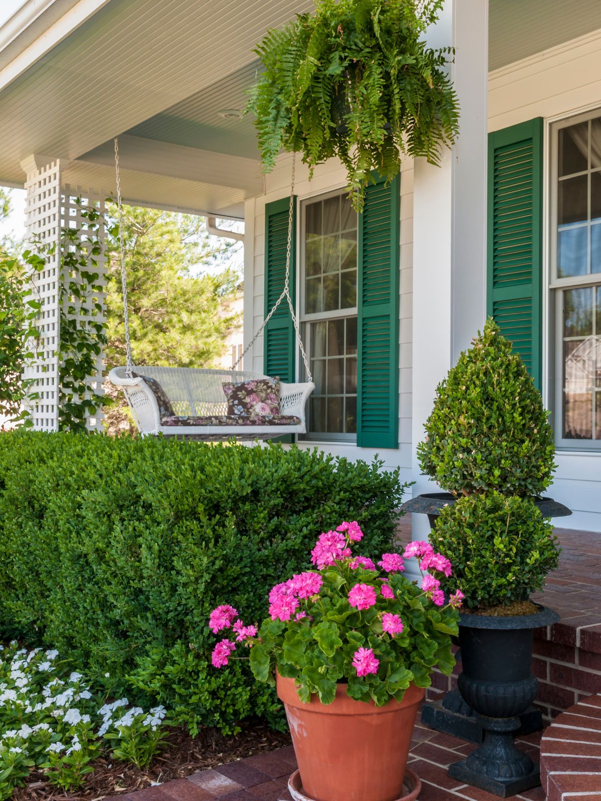 a porch with a swing on it and several low maintenance evergreen plants for pots.