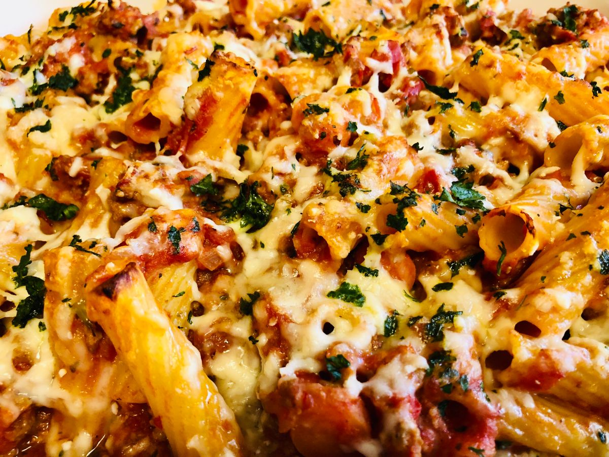 Baked Rigatoni with Meat Sauce in a baking dish.
