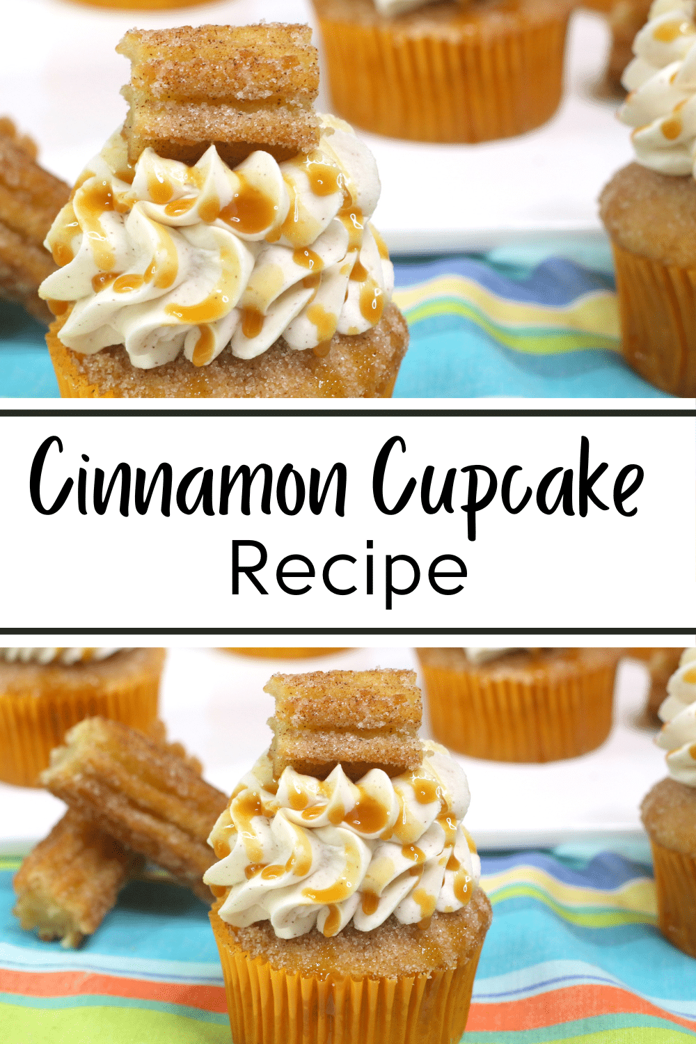 This Cinnamon Cupcake Recipe is a symphony of flavors. It's cinnamon cupcakes topped with buttercream frosting, and crunchy bites of churros. #cinnamoncupcakerecipe #cinnamoncupcakes #cupcakerecipes #cinnamonbuttercream via @wondermomwannab