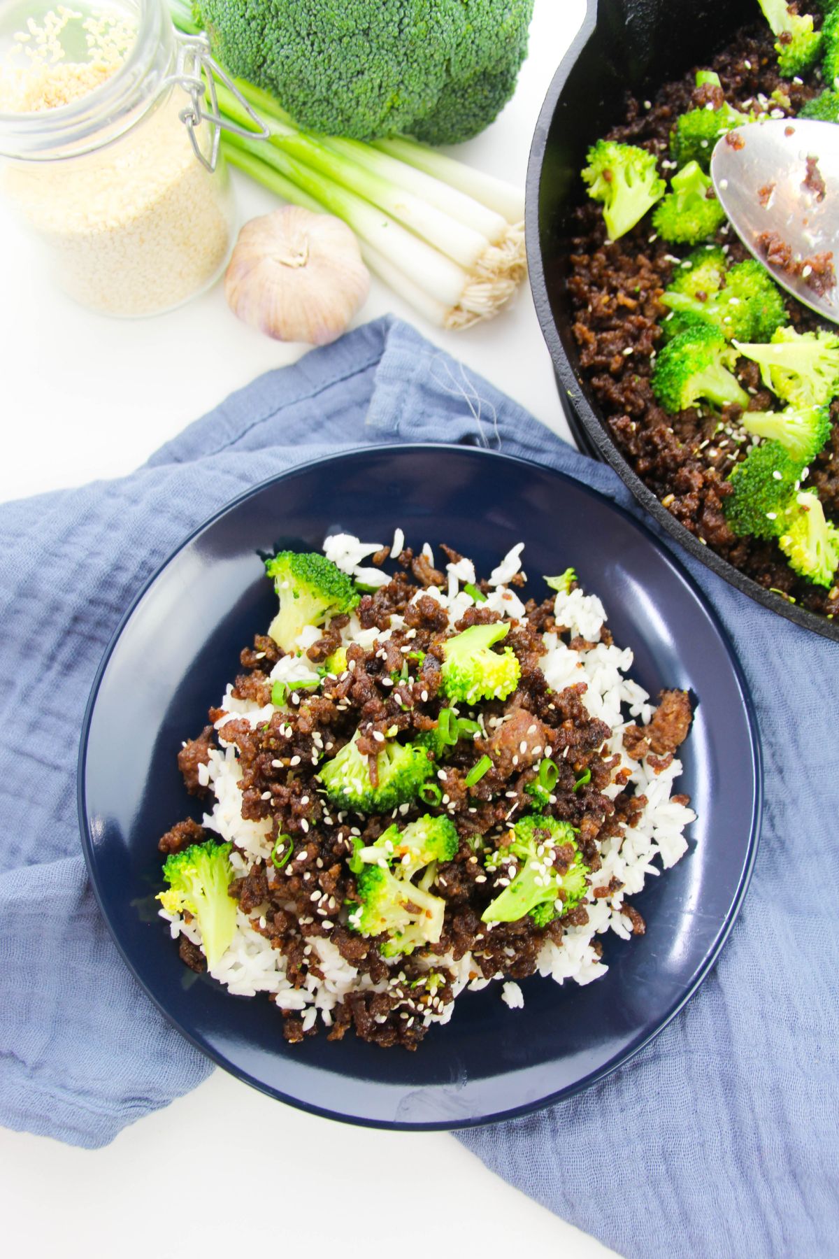 Korean Ground Beef and Broccoli on a serving plate, garnished with sesame seeds.