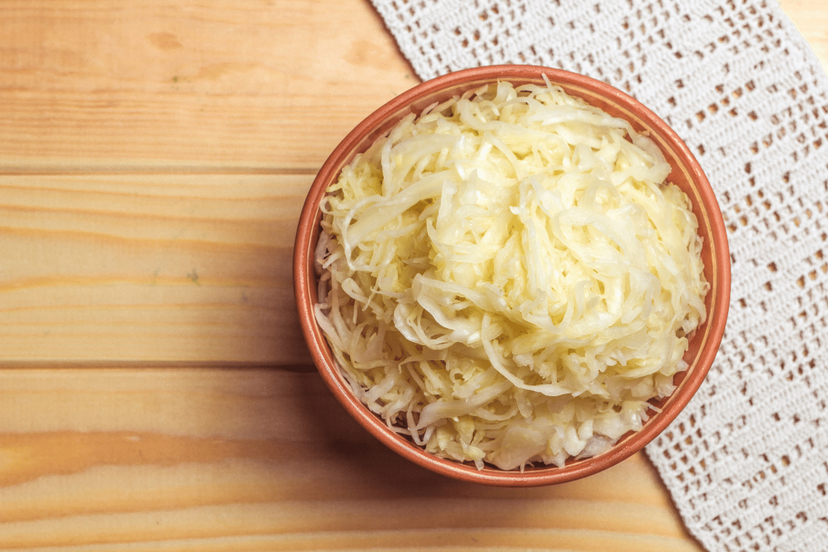Sauerkraut in a bowl on a table.