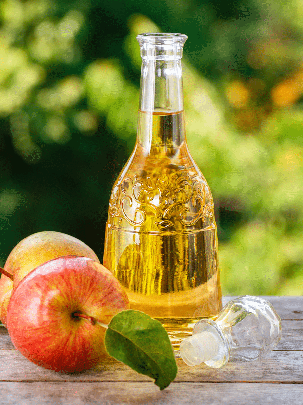 Apple cider vinegar in a bottle on a wooden table, with apples on the side.