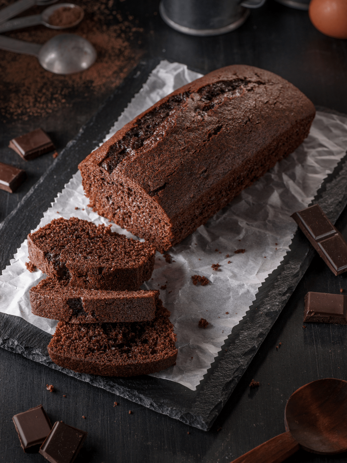 Freshly baked chocolate cake with three slices.