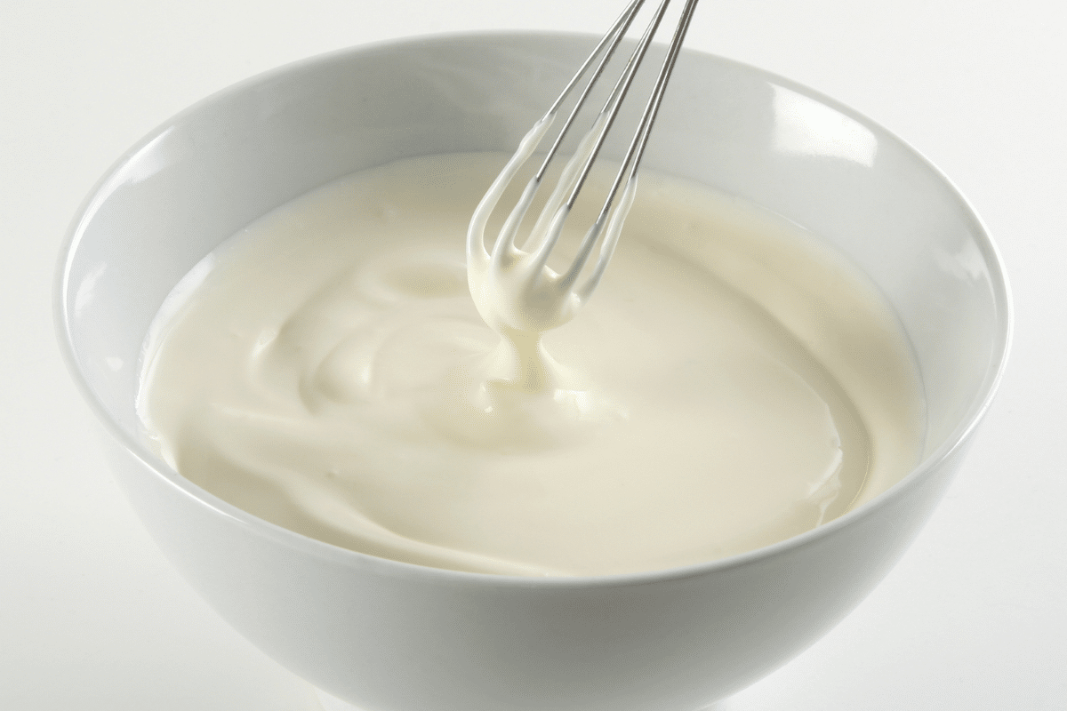 Heavy cream in a white bowl with a whisker in it.