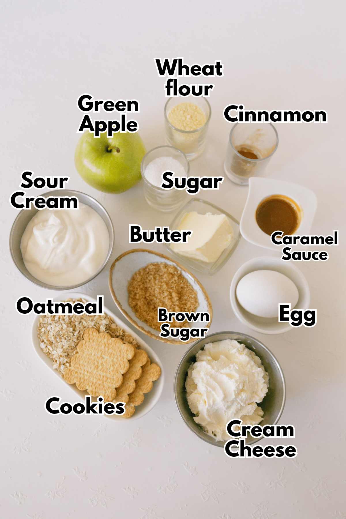 A list of ingredients and images for an apple crumble cheesecake.