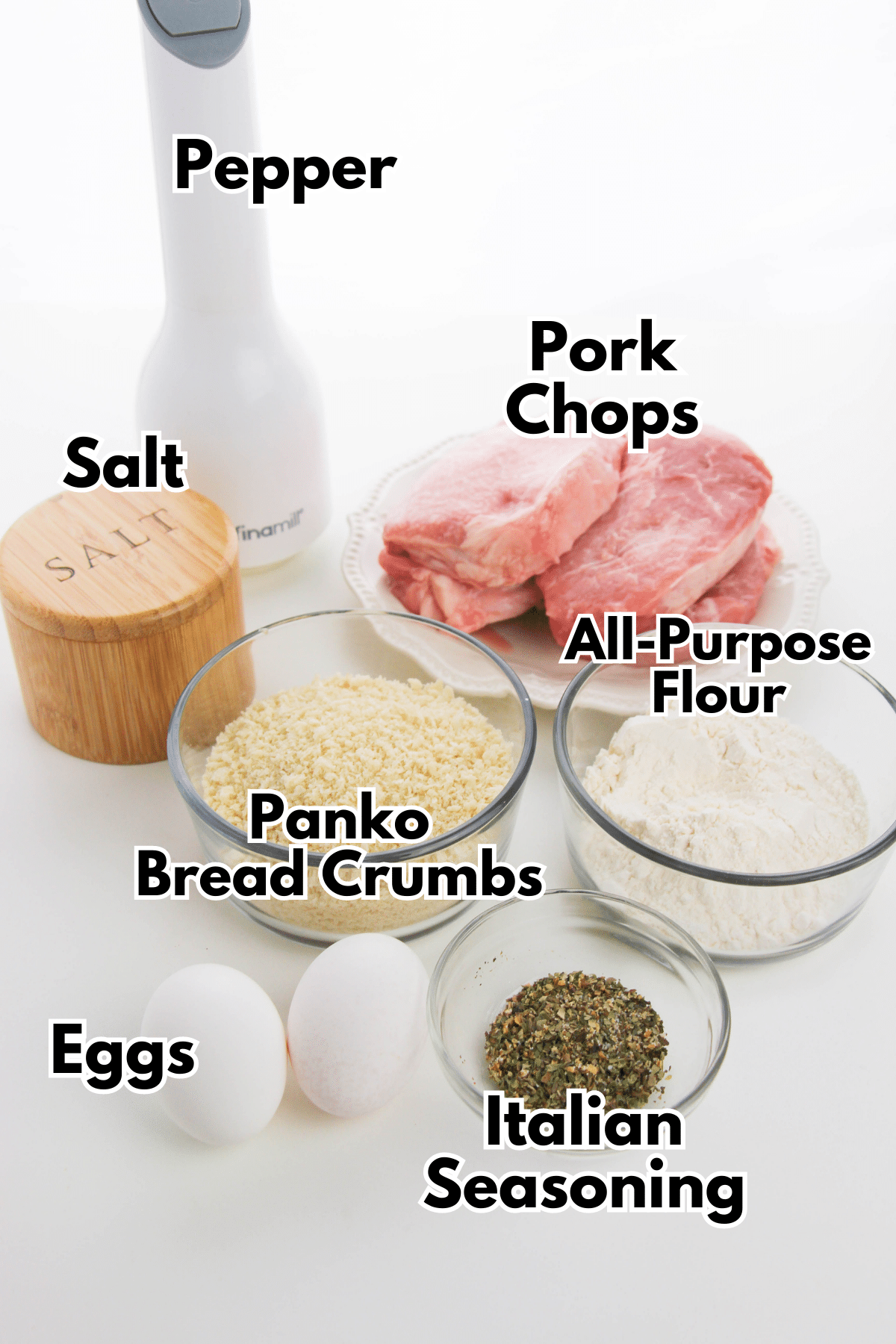 Ingredients for baking Panko pork chops.