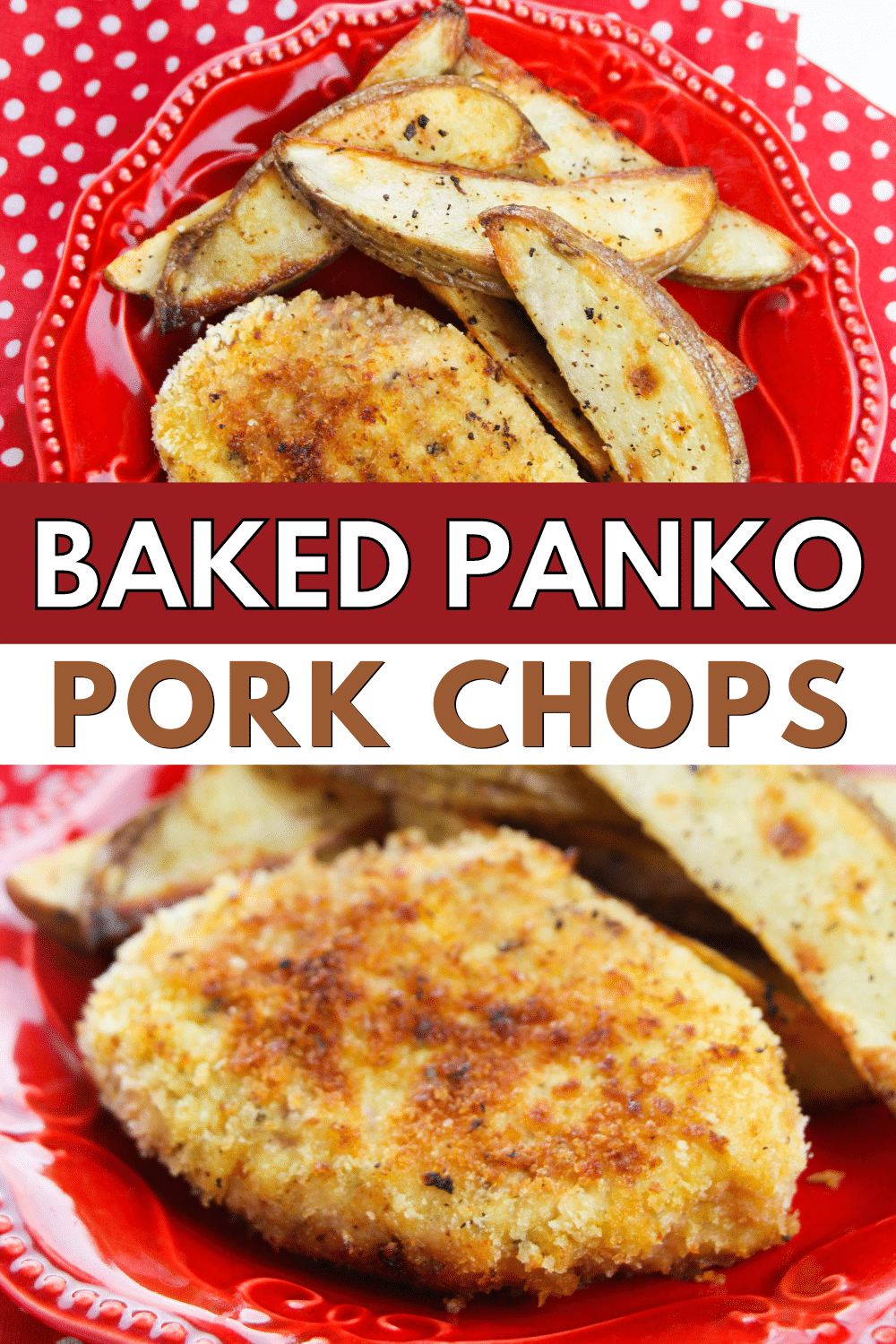 Baked panko pork chops on a plate.
