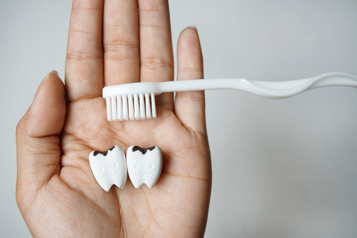 Artificial teeth with decay and toothbrush on a person's hand.